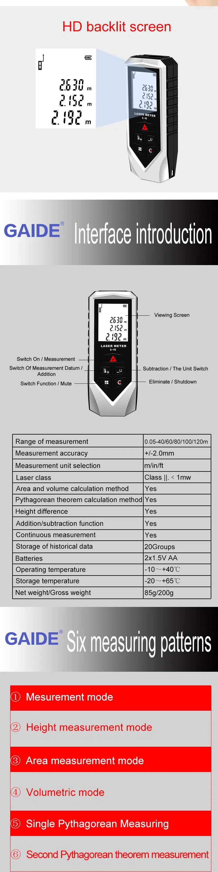 Red 40m Digital Measuring Tape Laser Distance Meter